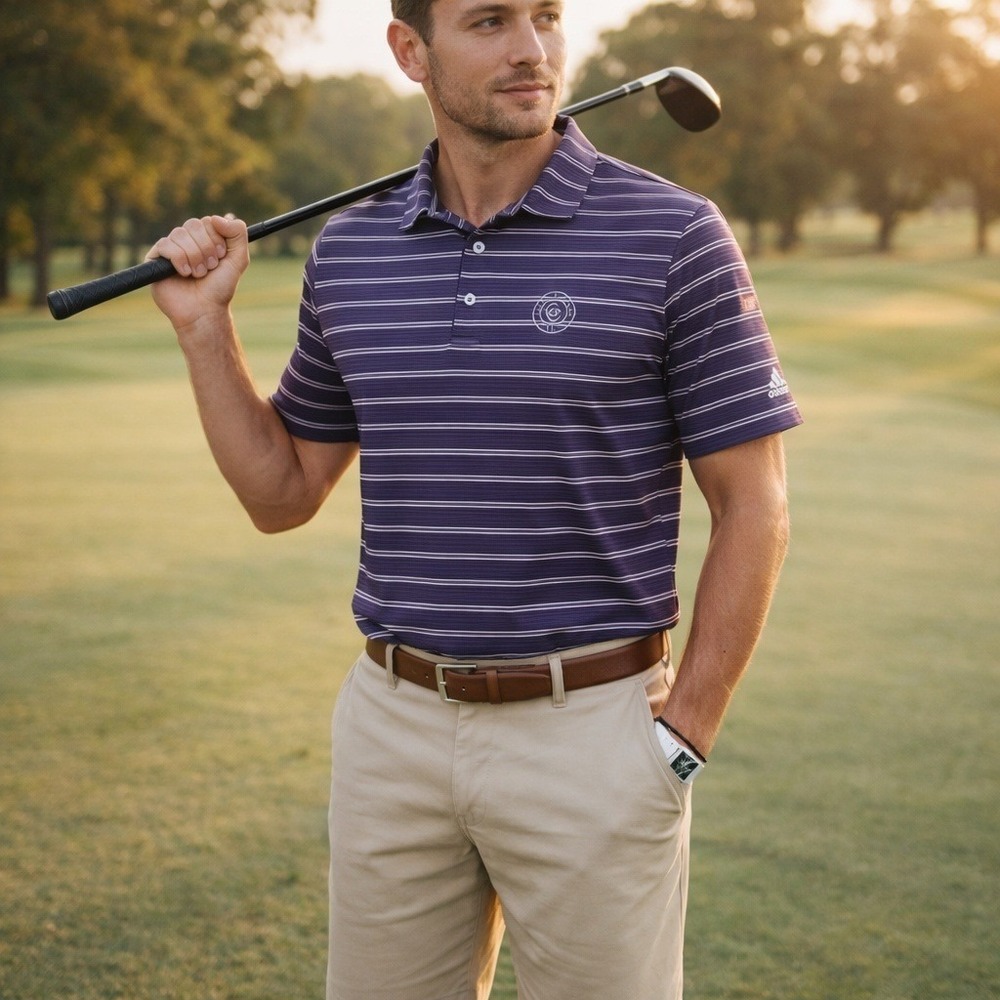 Adidas Mens Striped Golf Polo Shirt Purple Athletic Casual Medium Country Club